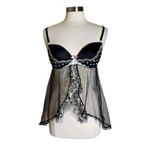 Victoria’s Secret‎ Black Sheer Babydoll Polka Dot Chemise Mini Dress Women’s 36B